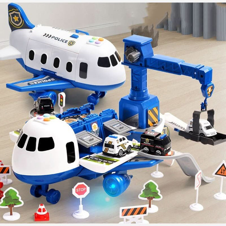 Adventure-themed children's playset showcasing a large toy airplane and a collection of ground vehicles for active play.