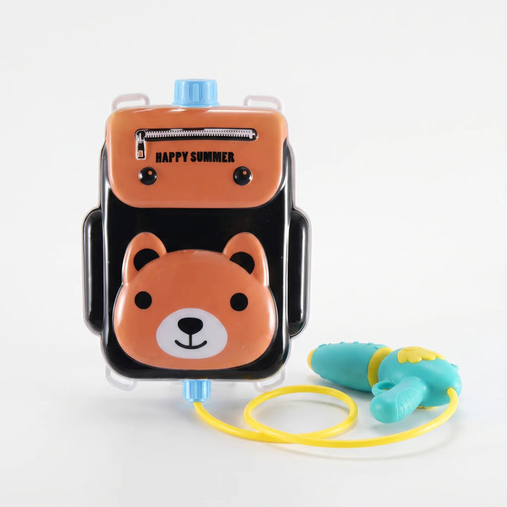 Child happily spraying water from an animal backpack water shooter, great beach toy.