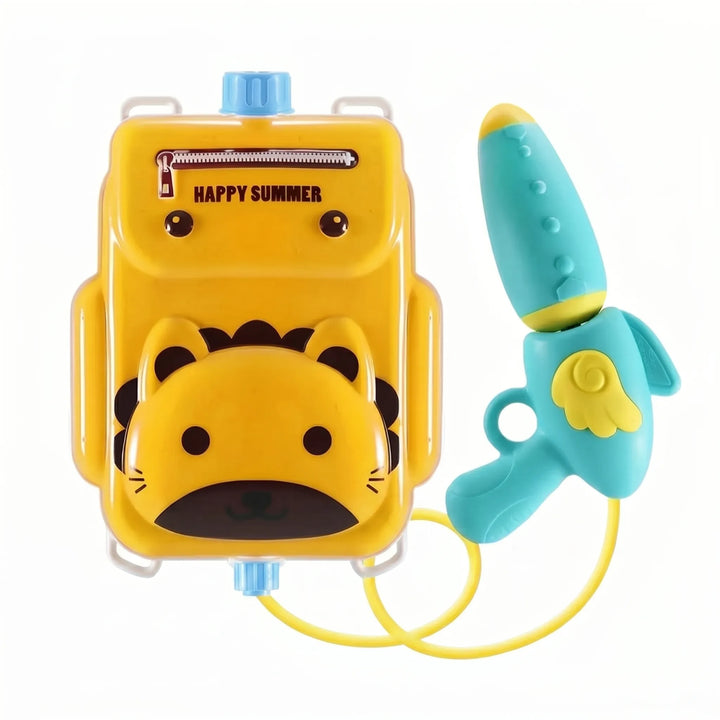Lion-themed kids' backpack water blaster, a fun outdoor toy for summer water fights.