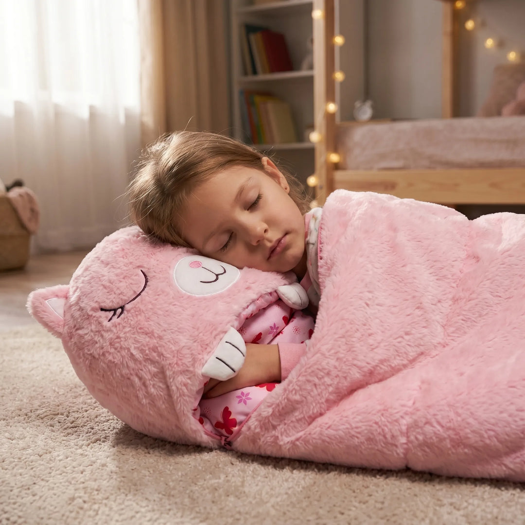 Kids' Animal Plush Sleeping Bag & Cuddly Pillow, perfect for sleepovers & nap time.