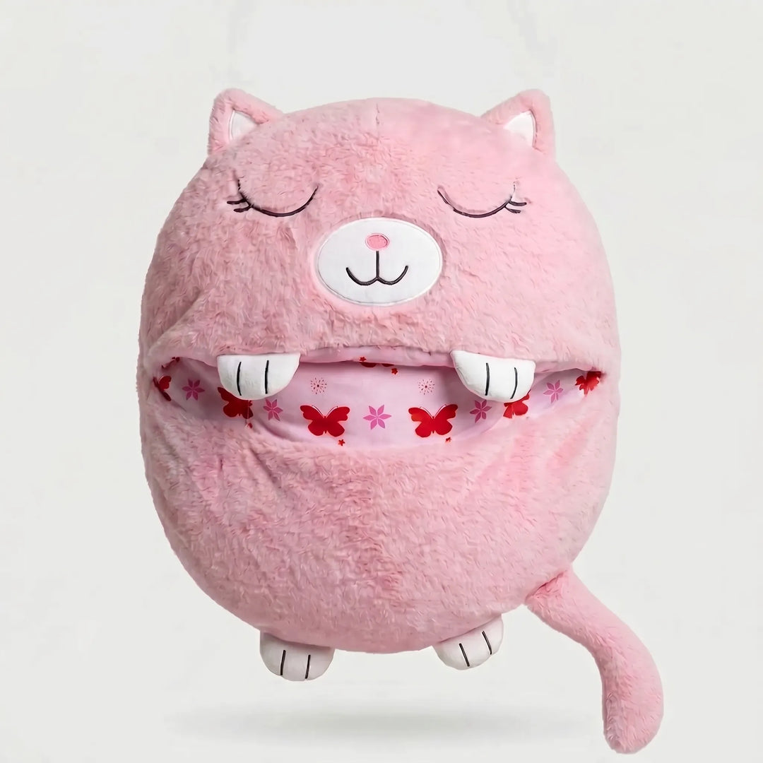 Full view of a kids' animal plush sleeping bag, showcasing its soft fabric and design.