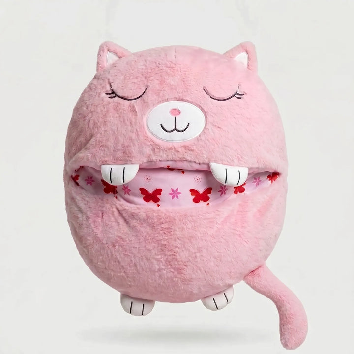 Full view of a kids' animal plush sleeping bag, showcasing its soft fabric and design.