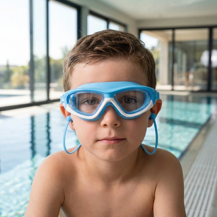 Kids anti-fog swim goggles with integrated earplugs for ultimate pool protection.