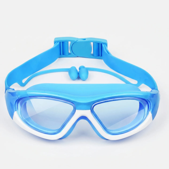 Youth anti-fog swim goggles with UV protection & built-in earplugs for children's water sports.