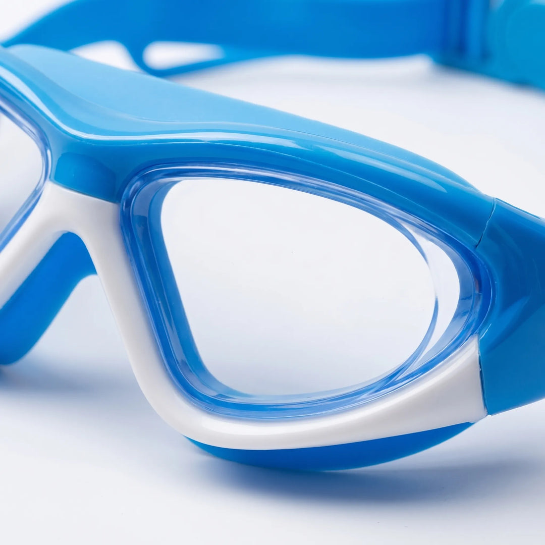 Comfortable kids swimming goggles, anti-fog & UV, with secure integrated earplugs for pool fun.