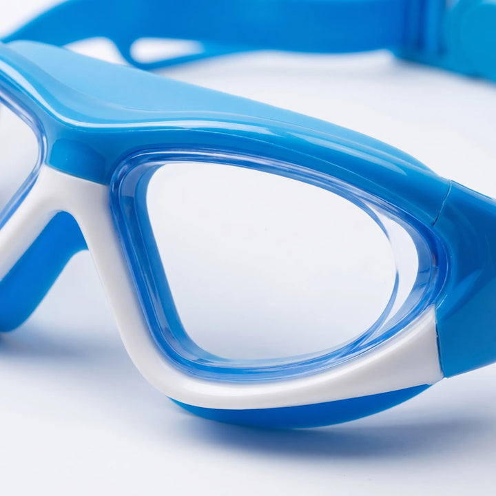 Comfortable kids swimming goggles, anti-fog & UV, with secure integrated earplugs for pool fun.