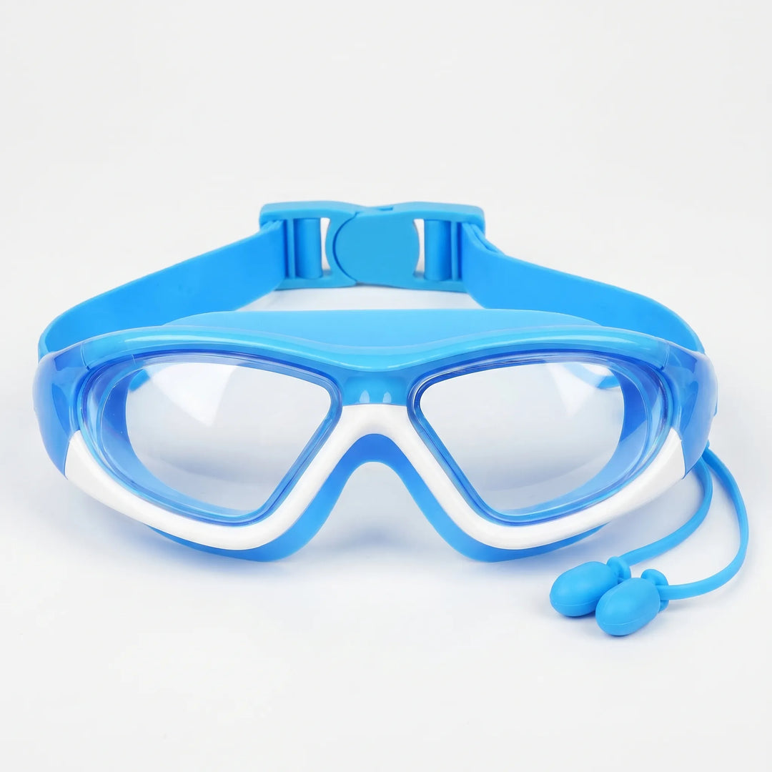 Brightly colored kids' anti-fog swim goggles featuring UV protection and integrated earplugs.