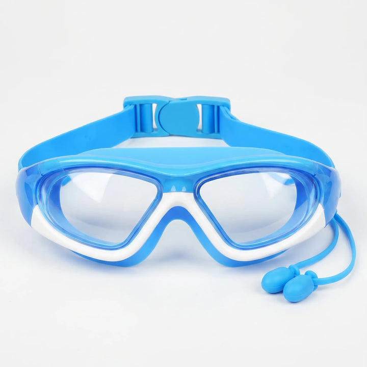 Brightly colored kids' anti-fog swim goggles featuring UV protection and integrated earplugs.
