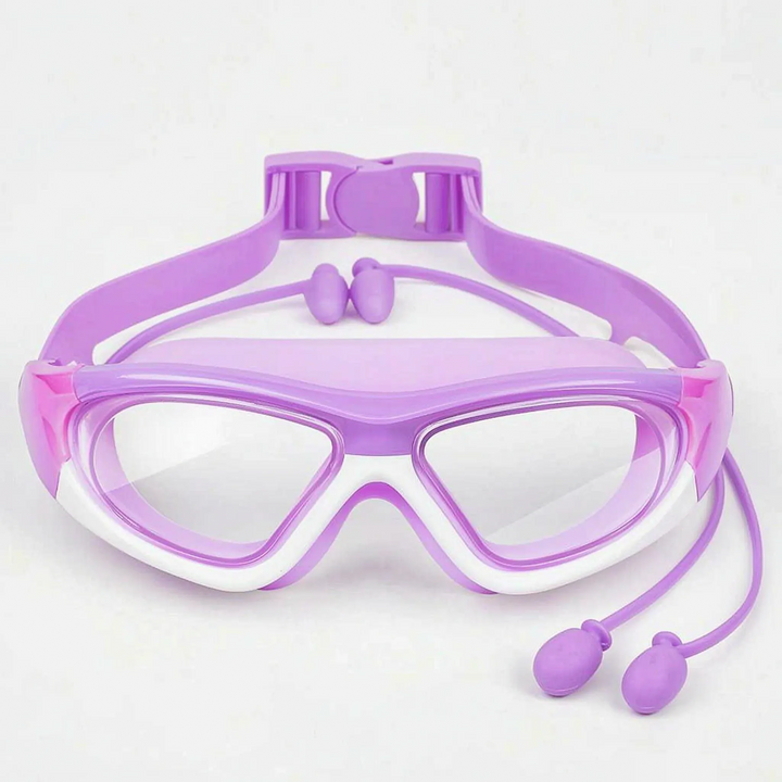 Clear vision kids' anti-fog swimming goggles with UV shield & attached earplugs for young swimmers.
