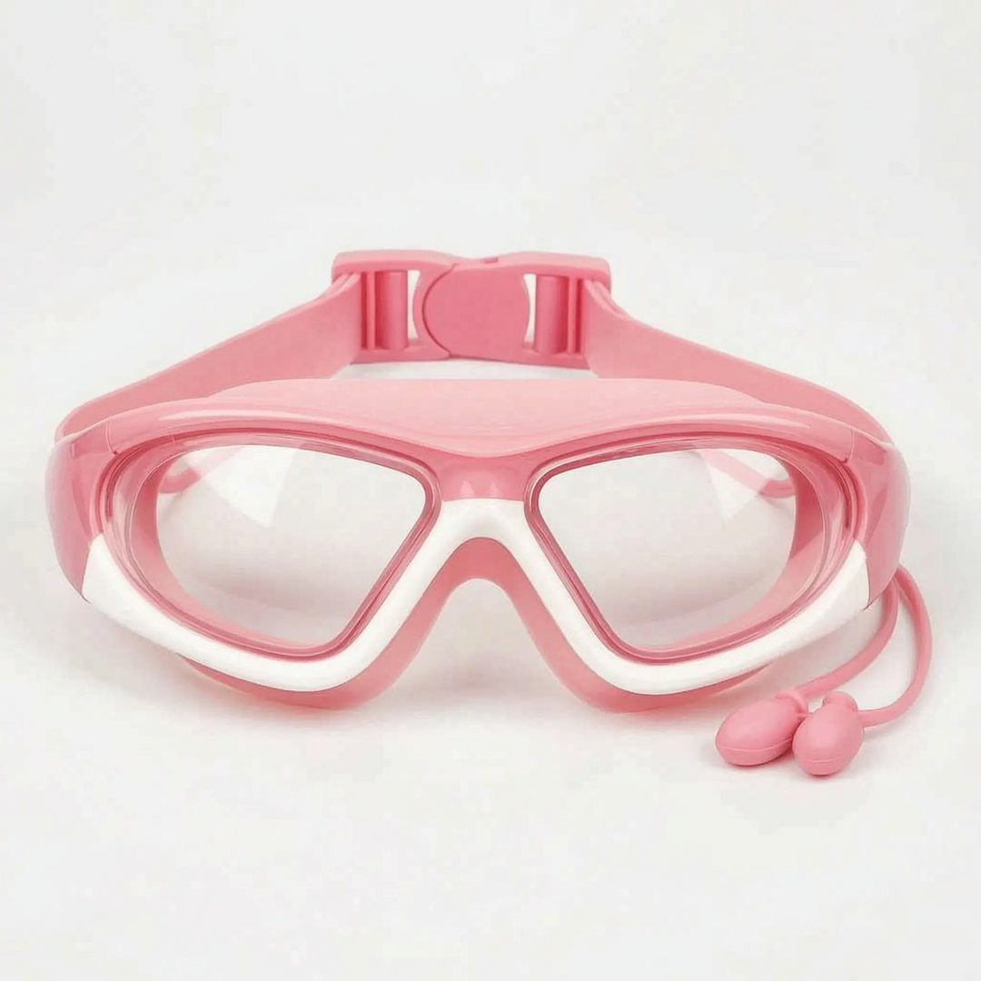 Durable children's swim goggles with anti-fog lenses, UV protection, and integrated earplugs.