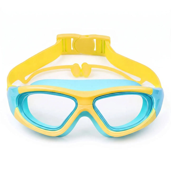 Essential youth anti-fog swimming goggles with UV protection and convenient integrated earplugs.