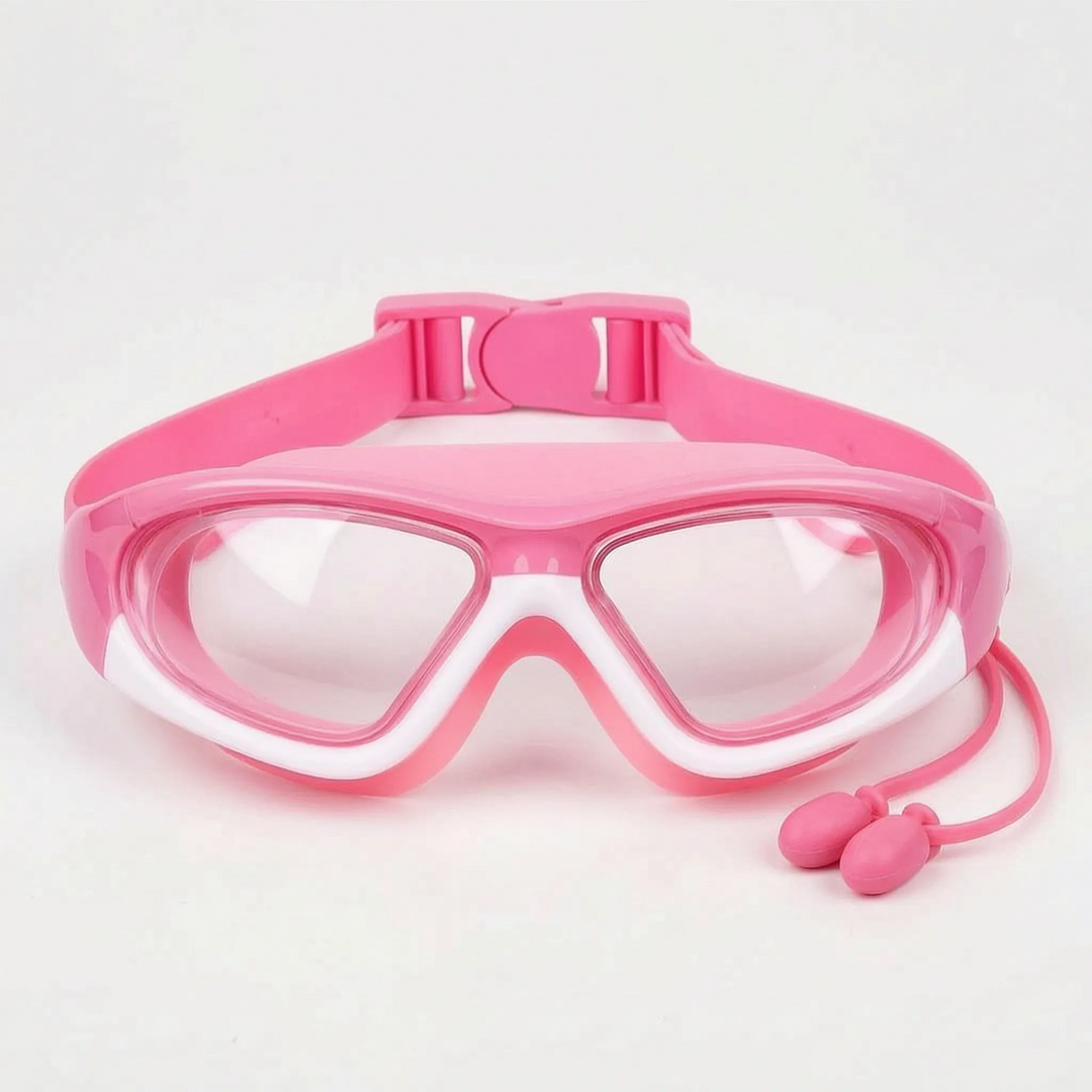 Performance kids' anti-fog swim goggles, UV protective, with integrated earplugs for pool & water sports.