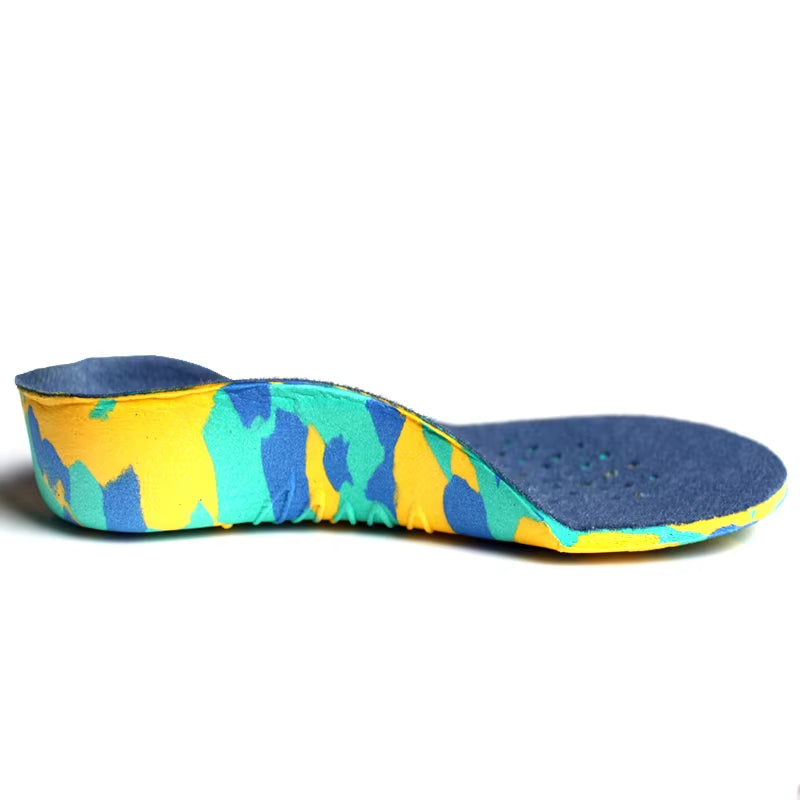 Kids arch support insoles for flat feet & pronation relief, providing comfort & foot alignment for active children.