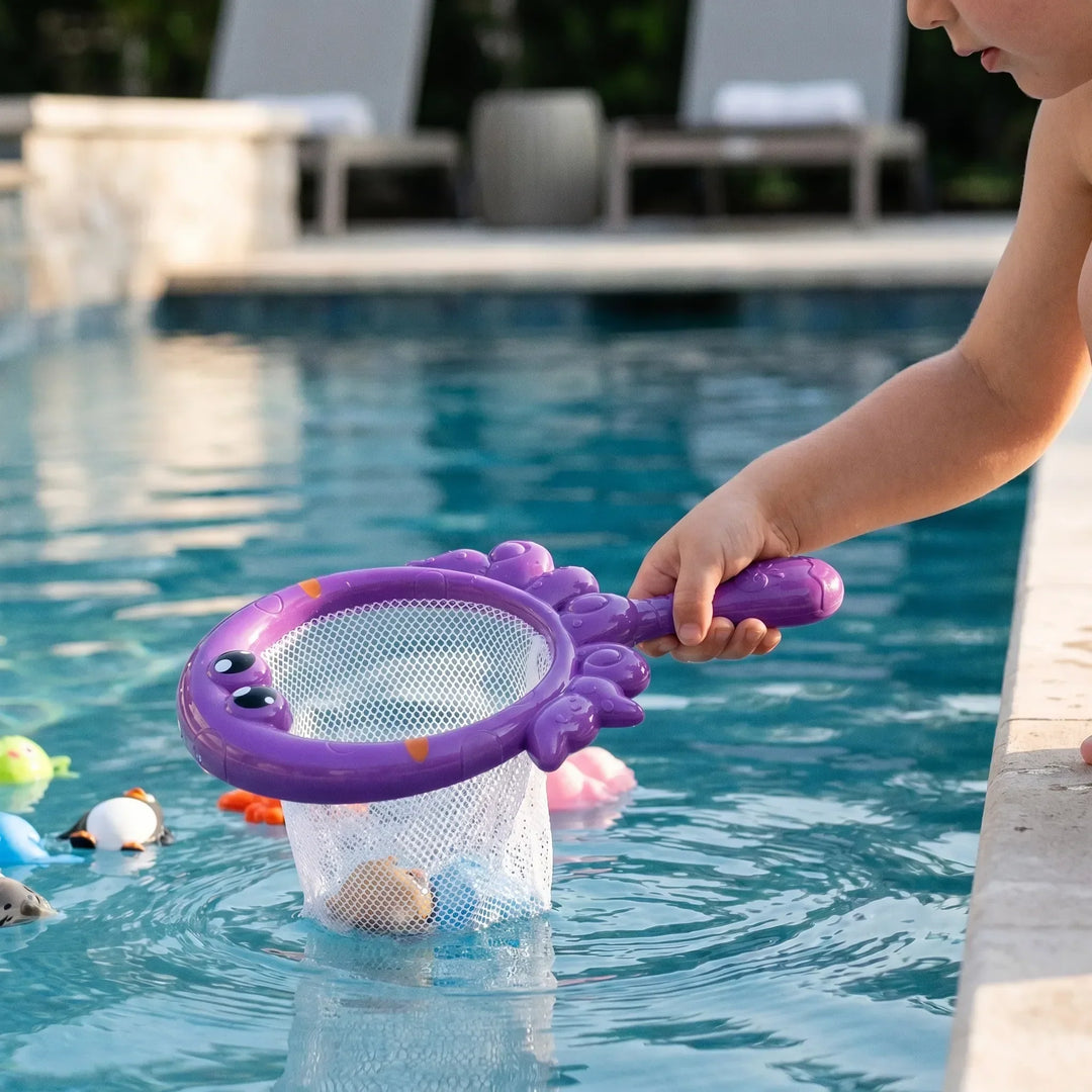 Kids' bath toy set: fun water catching game with fishing rod and colorful floating sea creatures for toddlers.