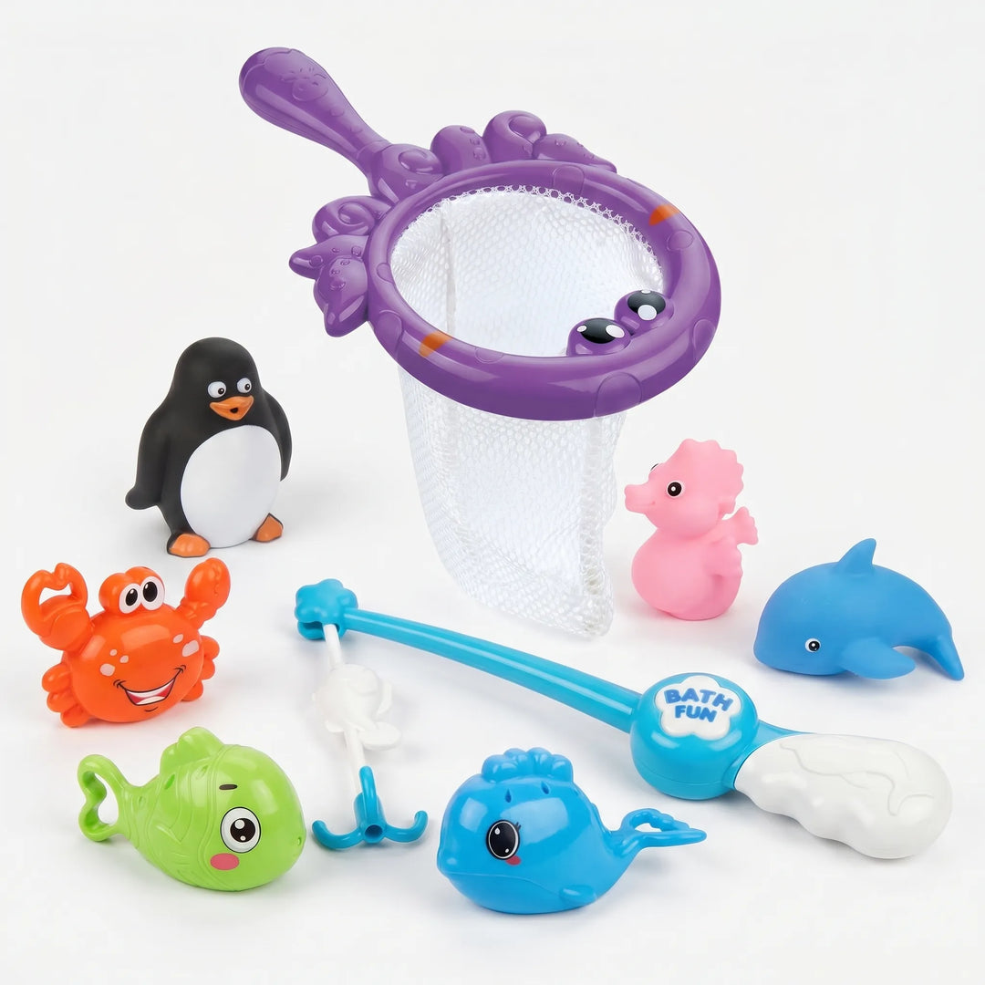 Engaging bath toy for kids, a water game fishing set with floating sea creatures and net for toddler fun.
