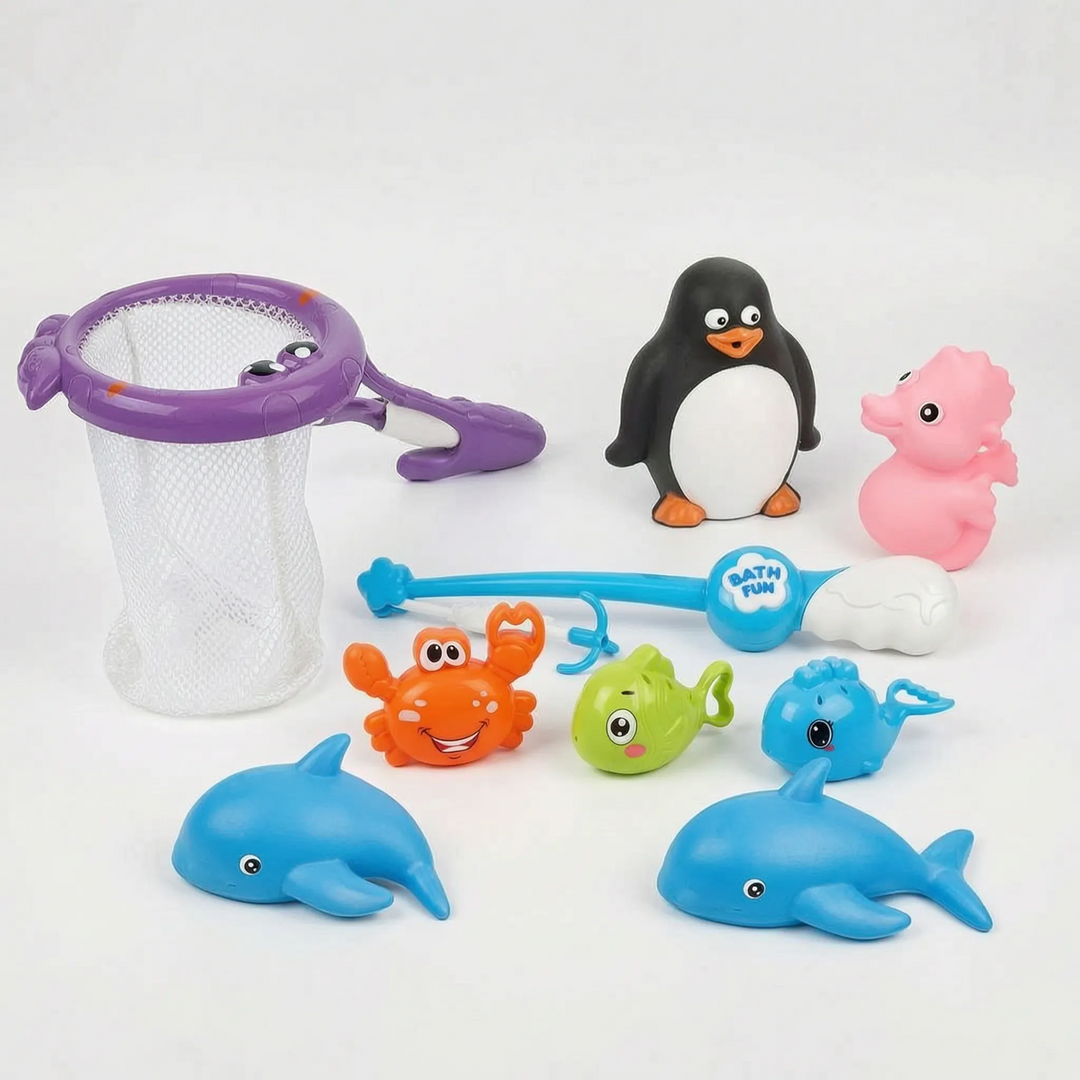 Fun bath time fishing toy for kids, featuring a magnetic rod, net, and charming floating sea creatures for toddlers.