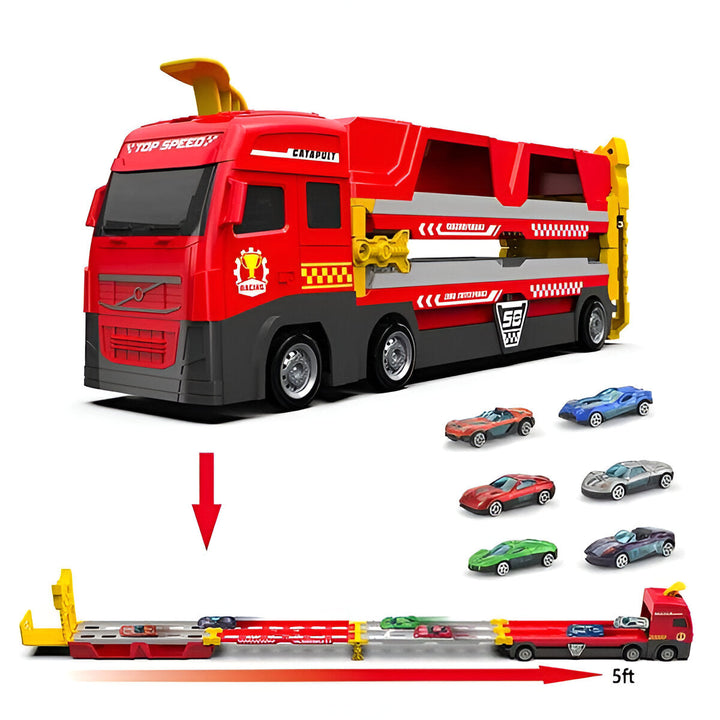 BlazeTrack toy car set with power launch system, multiple track pieces, and two race cars for kids.