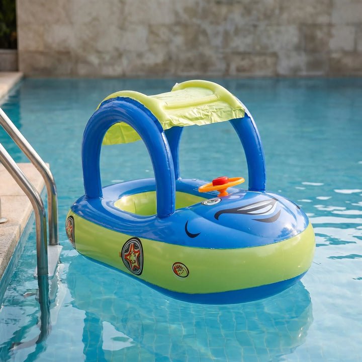 Kids' car inflatable pool float with sun canopy. Perfect toddler swim aid for summer water play & sun protection.
