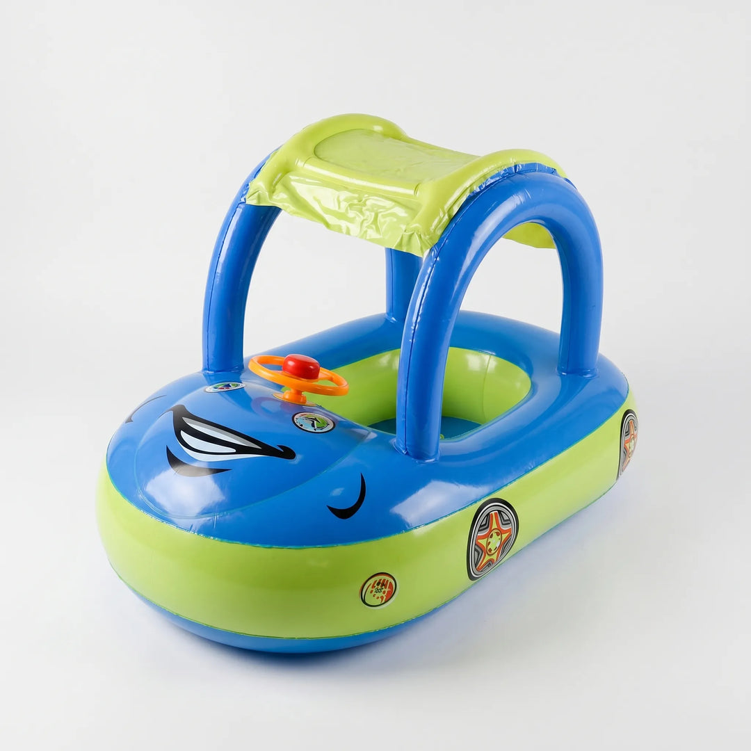 Toddler's red car pool float with UV sun canopy for safe baby water play. Ideal inflatable swimming aid for summer.