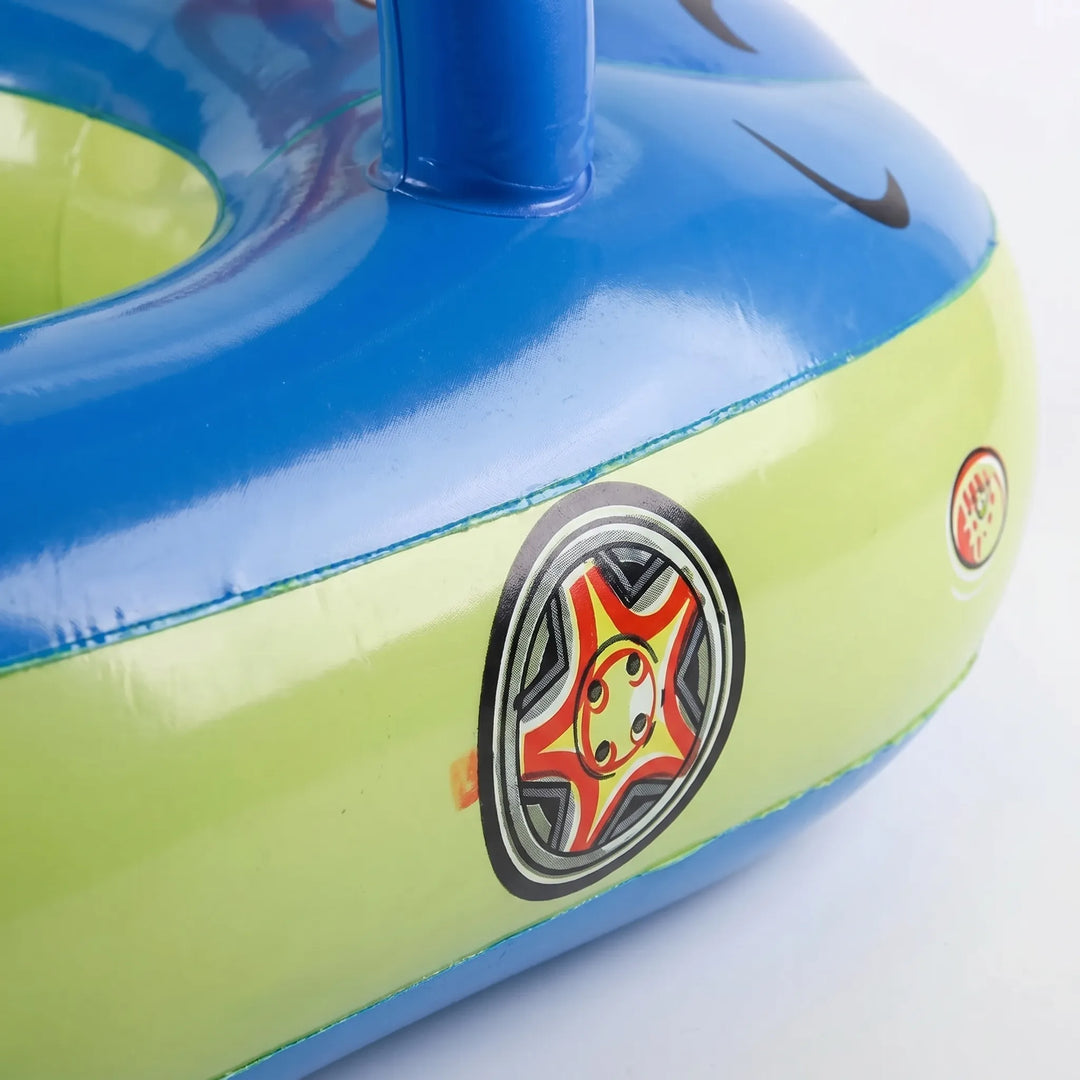 Cute kids' car inflatable float with sun canopy. A fun & safe baby pool toy for beach or backyard summer water play.