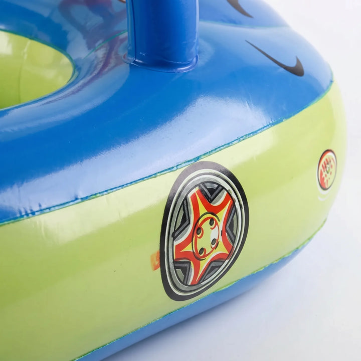Cute kids' car inflatable float with sun canopy. A fun & safe baby pool toy for beach or backyard summer water play.