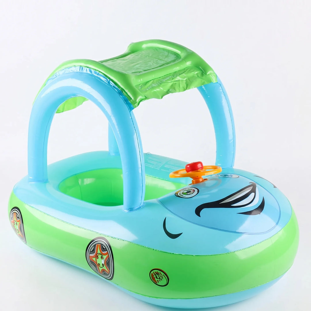 Boys & girls car-shaped inflatable pool float with sun shade canopy. Ideal toddler swim aid for summer water activities.