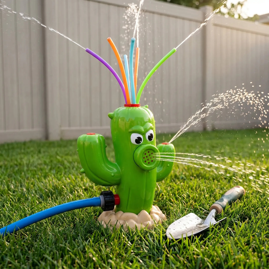 Kids' cartoon cactus water sprinkler for outdoor summer fun and backyard water games.