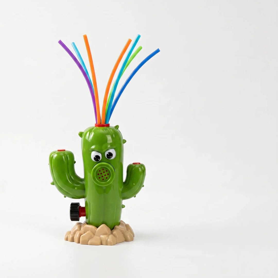 Fun green cartoon cactus sprinkler, a children's water toy for exciting outdoor play.