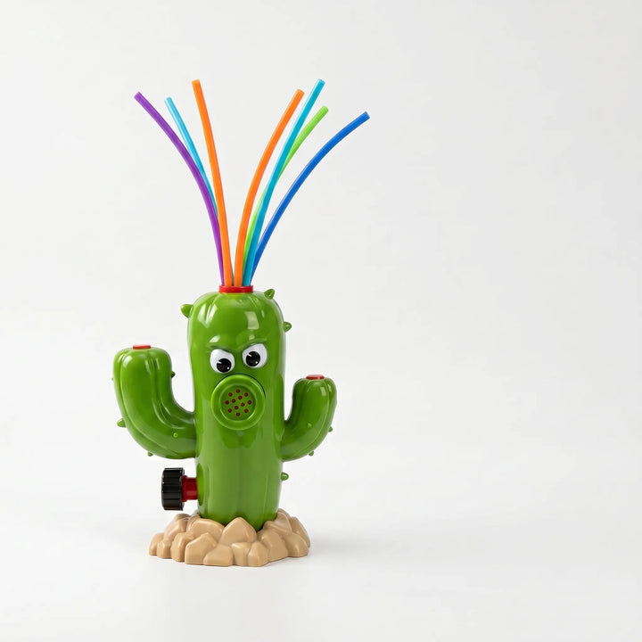 Fun green cartoon cactus sprinkler, a children's water toy for exciting outdoor play.