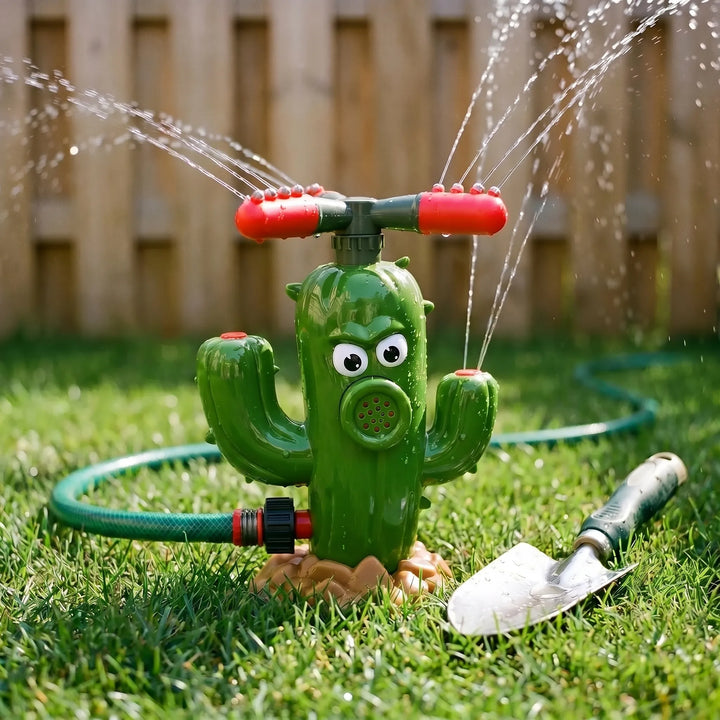 Vibrant cartoon cactus play sprinkler, ideal water toy for kids' outdoor backyard summer fun.