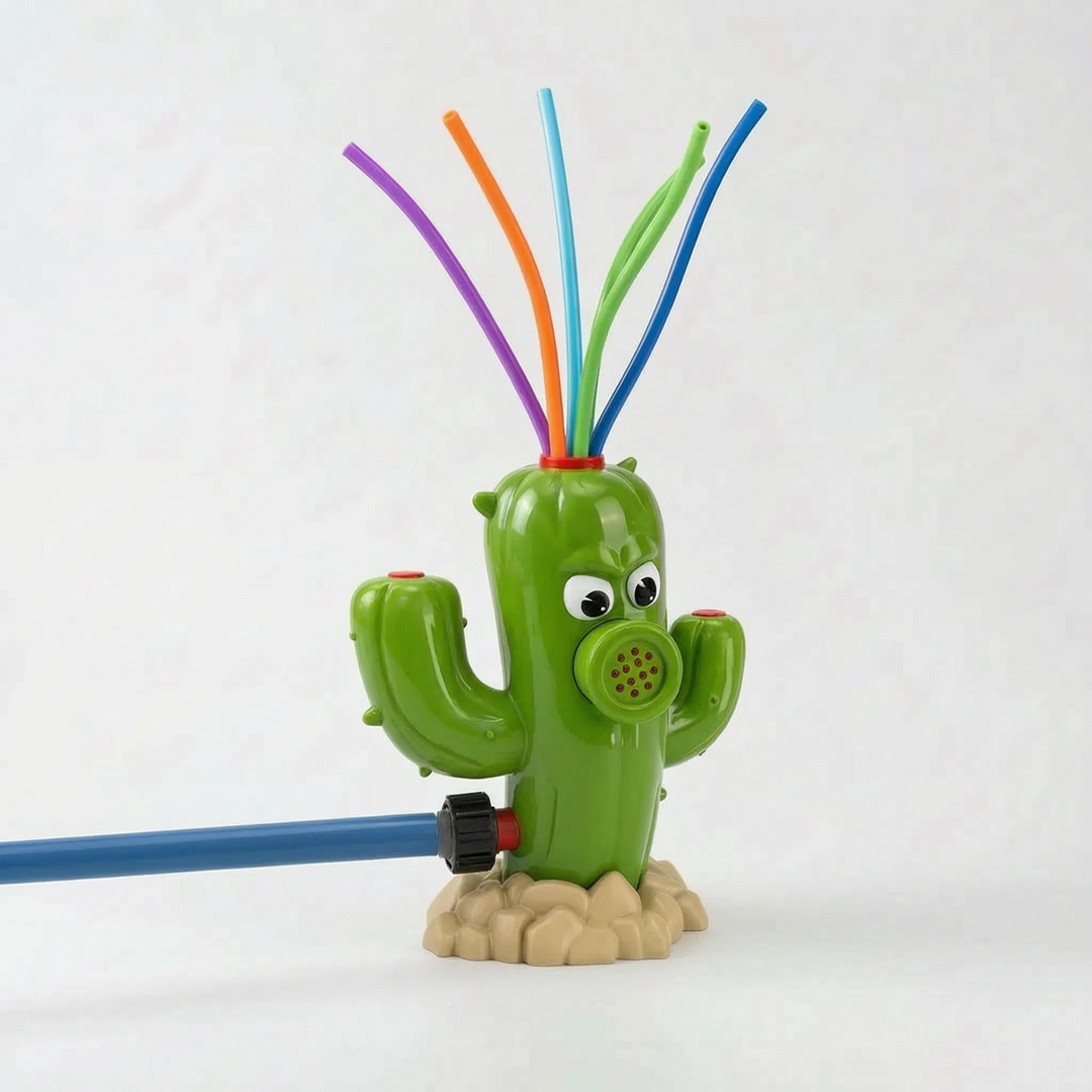 Cheerful cartoon cactus water sprinkler, perfect children's play equipment for hot weather and backyard fun.