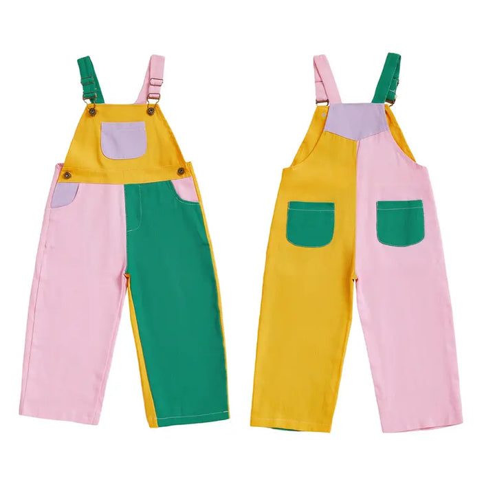 Unisex kids' cotton playwear overalls. Colorblock design, soft and durable, great for toddlers' playtime & everyday comfort.