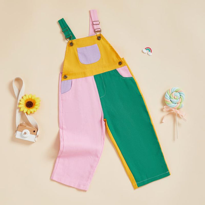 Kids' colorblock cotton overalls. Adjustable straps & durable fabric ensure comfortable, long-lasting toddler playwear.