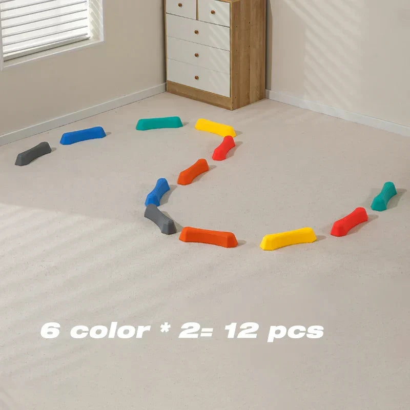 Kids actively playing on bright, non-slip balance stepping stones, boosting coordination.