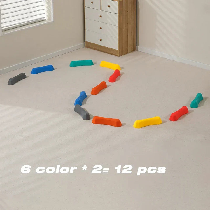 Kids actively playing on bright, non-slip balance stepping stones, boosting coordination.