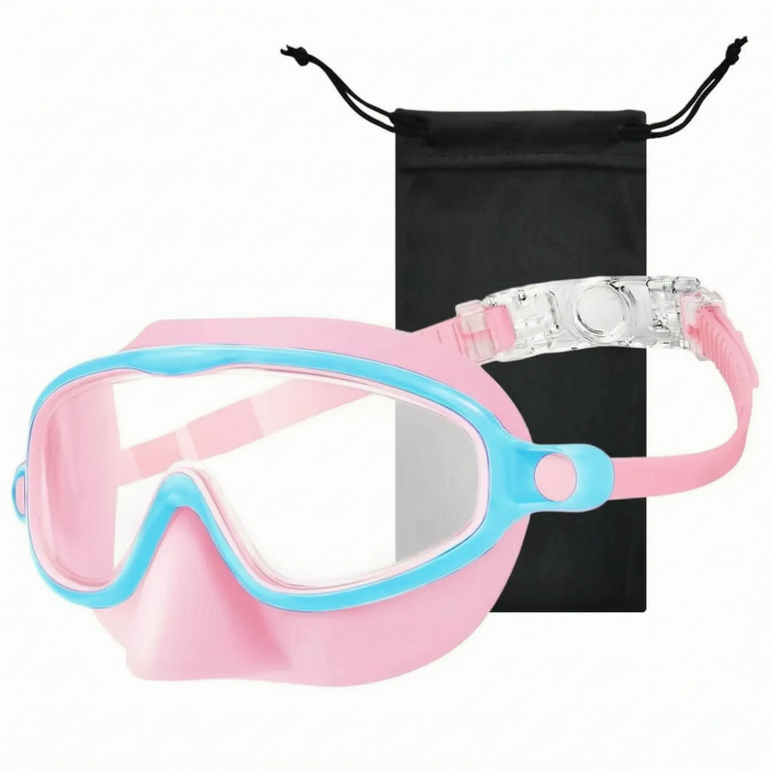 Comfortable kids' swim goggles with nose cover, essential for young swimmers enjoying pool & beach activities.