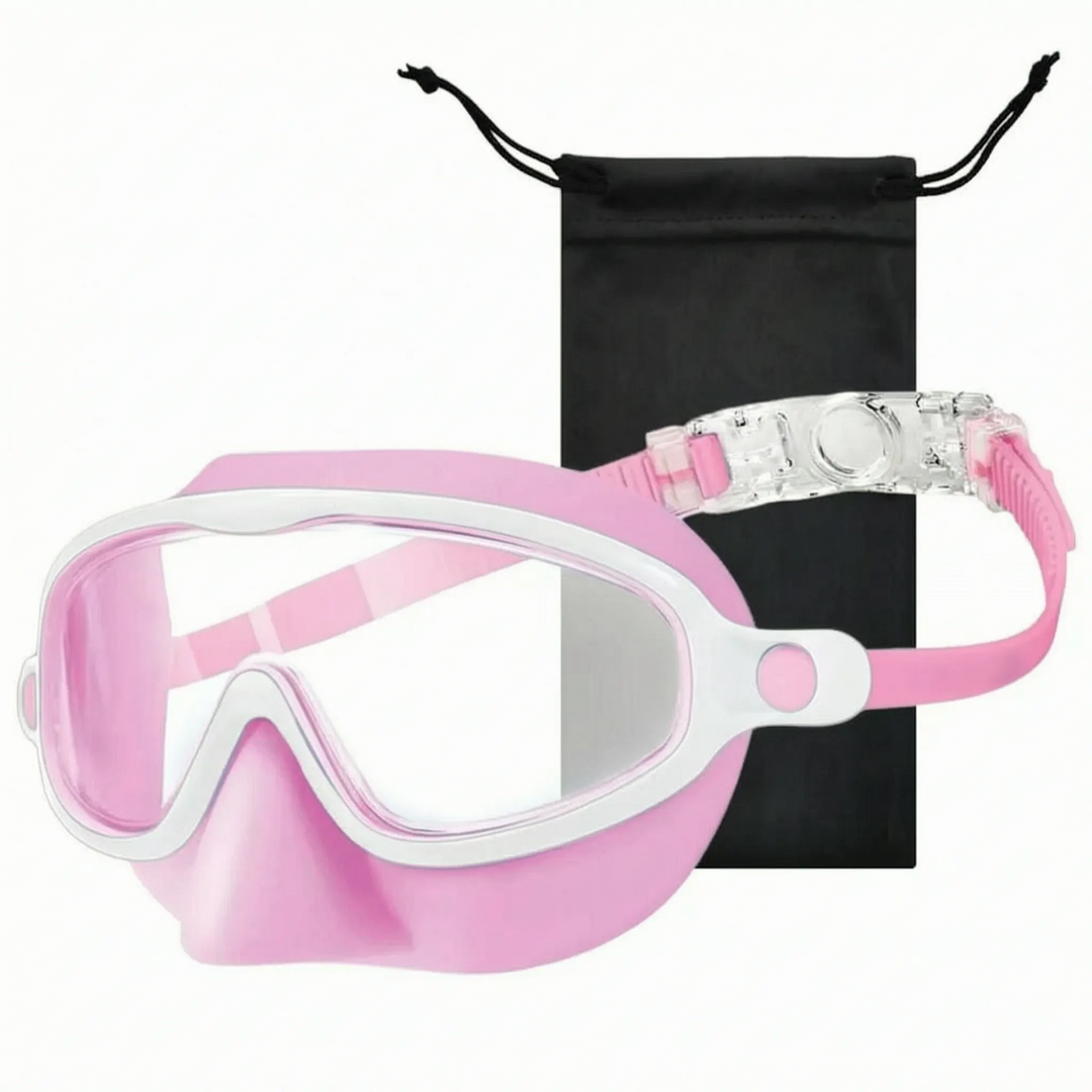 Children's swim mask with built-in nose cover, offering full face protection for happy summer swimming.