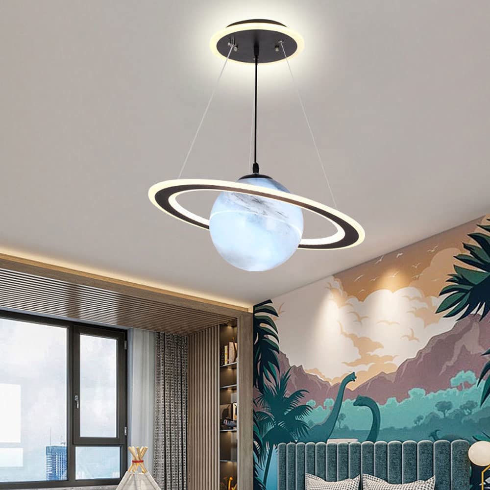 Kids' Cosmic Planet LED pendant light. Space theme bedroom lamp with galaxy glow, perfect children's lighting.