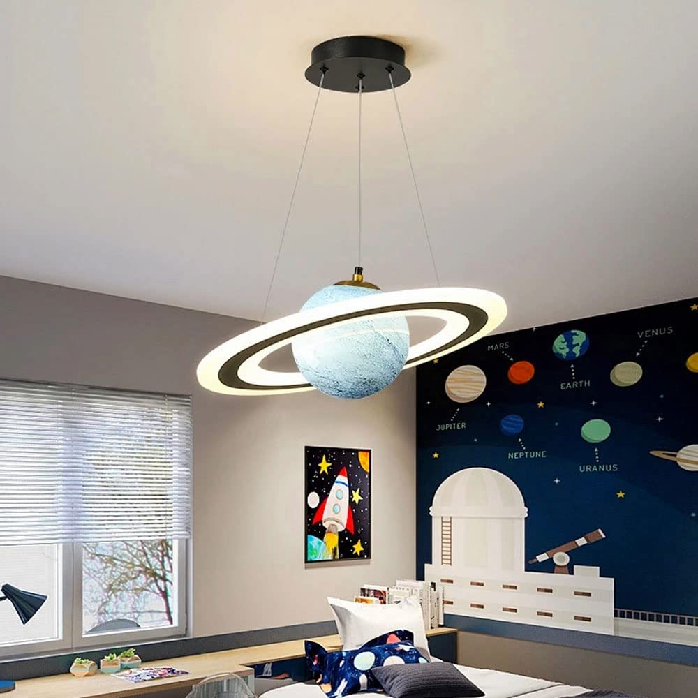 Cosmic Planet LED children's pendant light. Galaxy theme bedroom ceiling lamp, perfect space decor for kids' rooms.