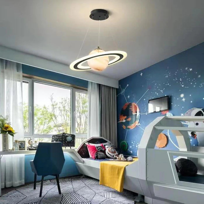 CosmoGlow LED pendant light for kids' room. Bright, energy-efficient galaxy theme ceiling lamp for children.