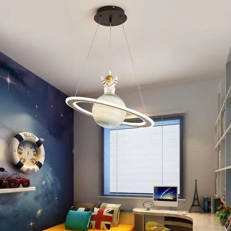 Kids' space theme pendant light. Cosmic planet decor, perfect LED ceiling lamp for a galaxy bedroom.