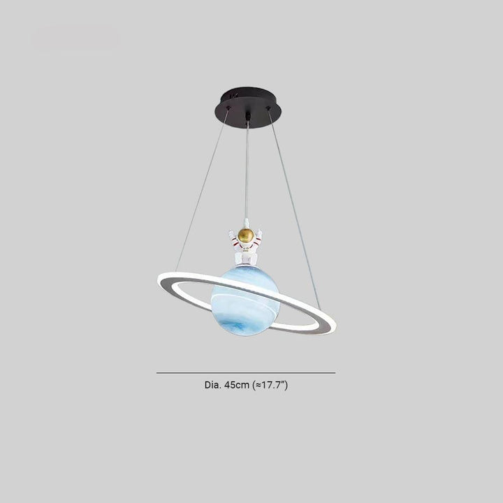 Round planet LED pendant lamp for kids. Cosmic galaxy design, ideal children's ceiling light for space theme.
