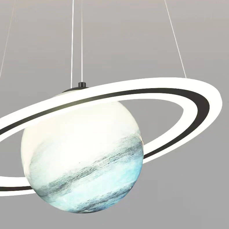 Bright LED cosmic planet pendant light. Illuminates kids' rooms with a fun galaxy theme and soft glow.