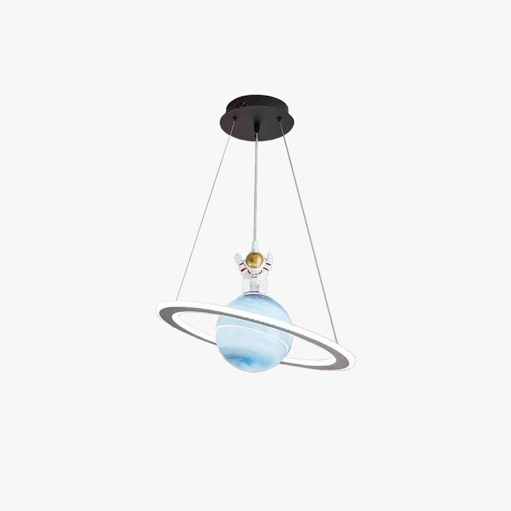 Planet decor LED pendant lamp. Cosmic light fixture hanging in a kids' room, perfect for space theme lighting.