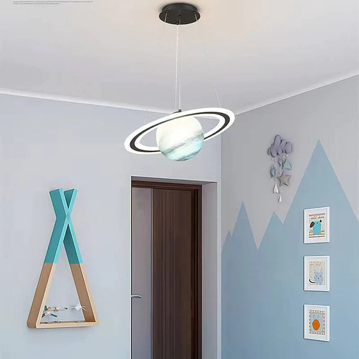 Kids' Cosmic Planet LED pendant lamp. A unique space theme ceiling light for children's bedroom decor.