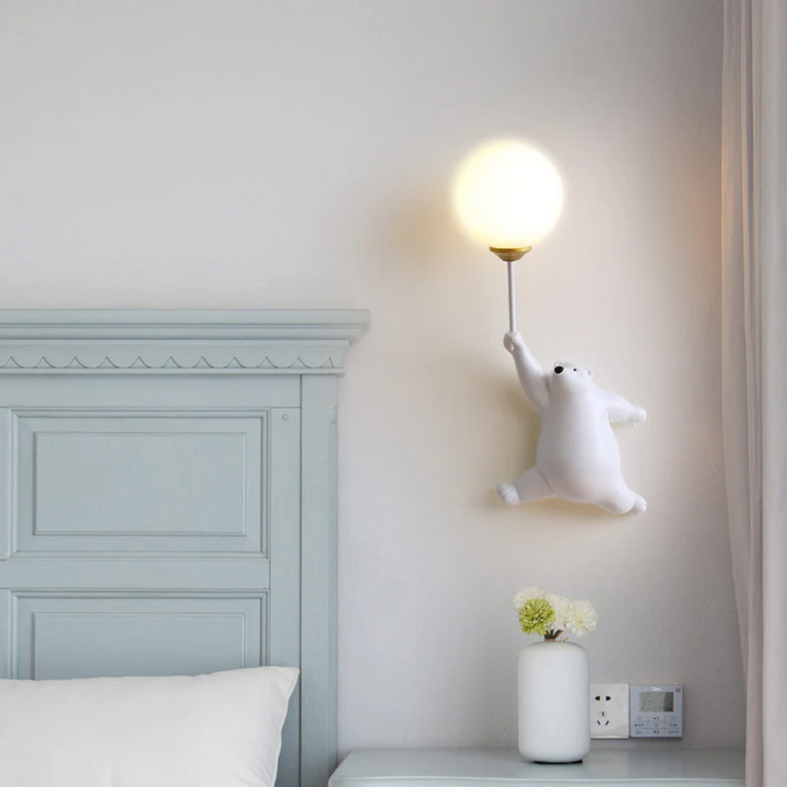 Adorable resin bear LED wall lamp, safe and fun playroom lighting for young kids.