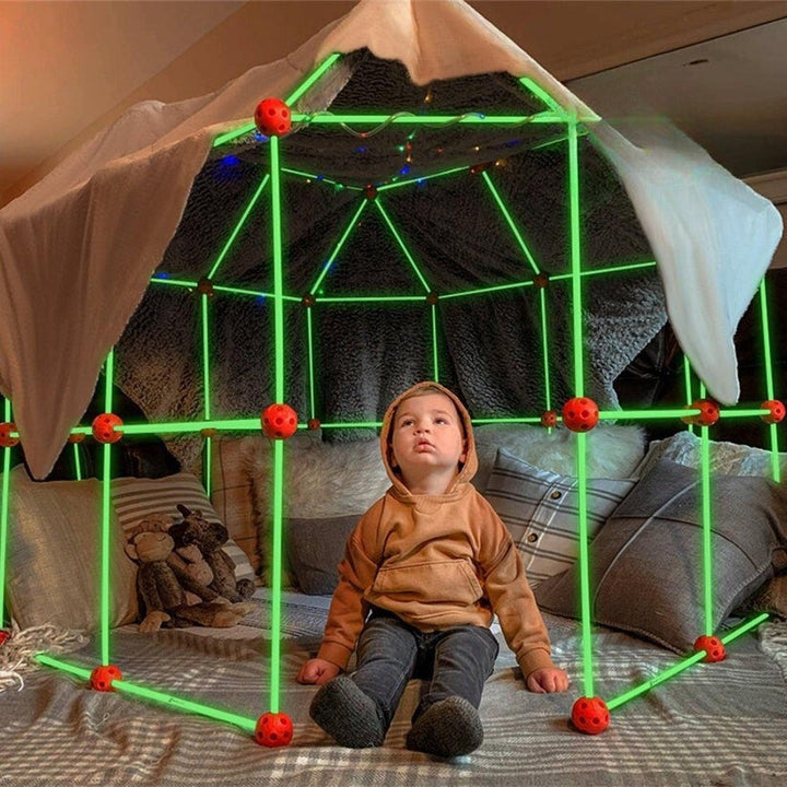 Kids' DIY creative fort building kit with colorful rods & connectors for imaginative indoor/outdoor play & STEM learning.