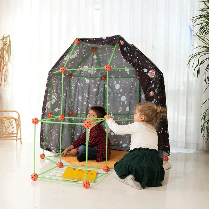 Colorful fort building kit for kids, featuring durable rods & connectors for endless creative construction fun.
