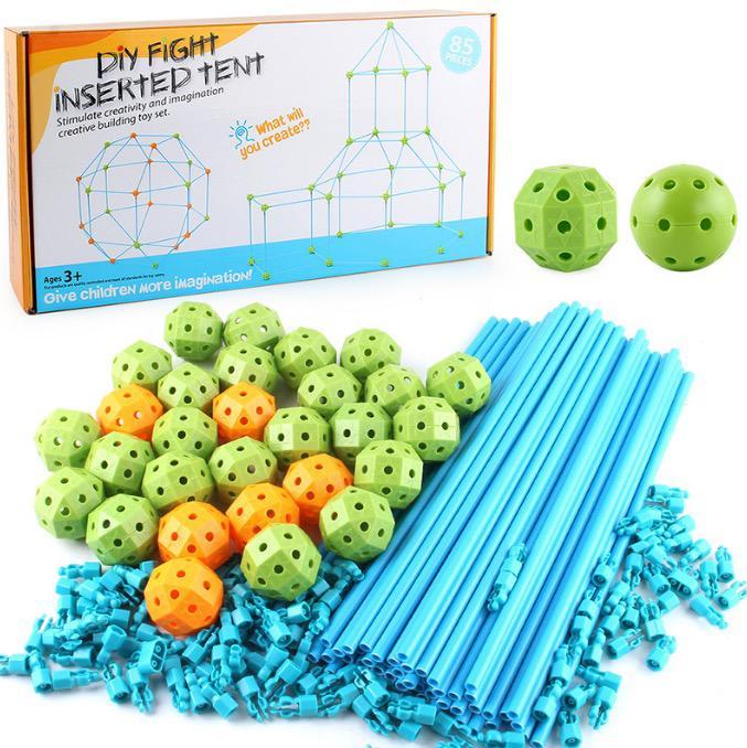 Kids' DIY Fort Building Kit with colorful poles & connectors for creative play.
