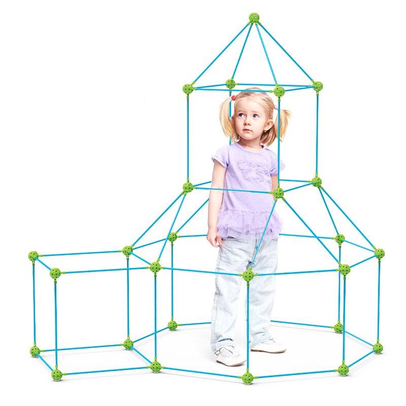 Colorful poles & connectors of a Fort Building Kit, perfect for kids' construction & play.
